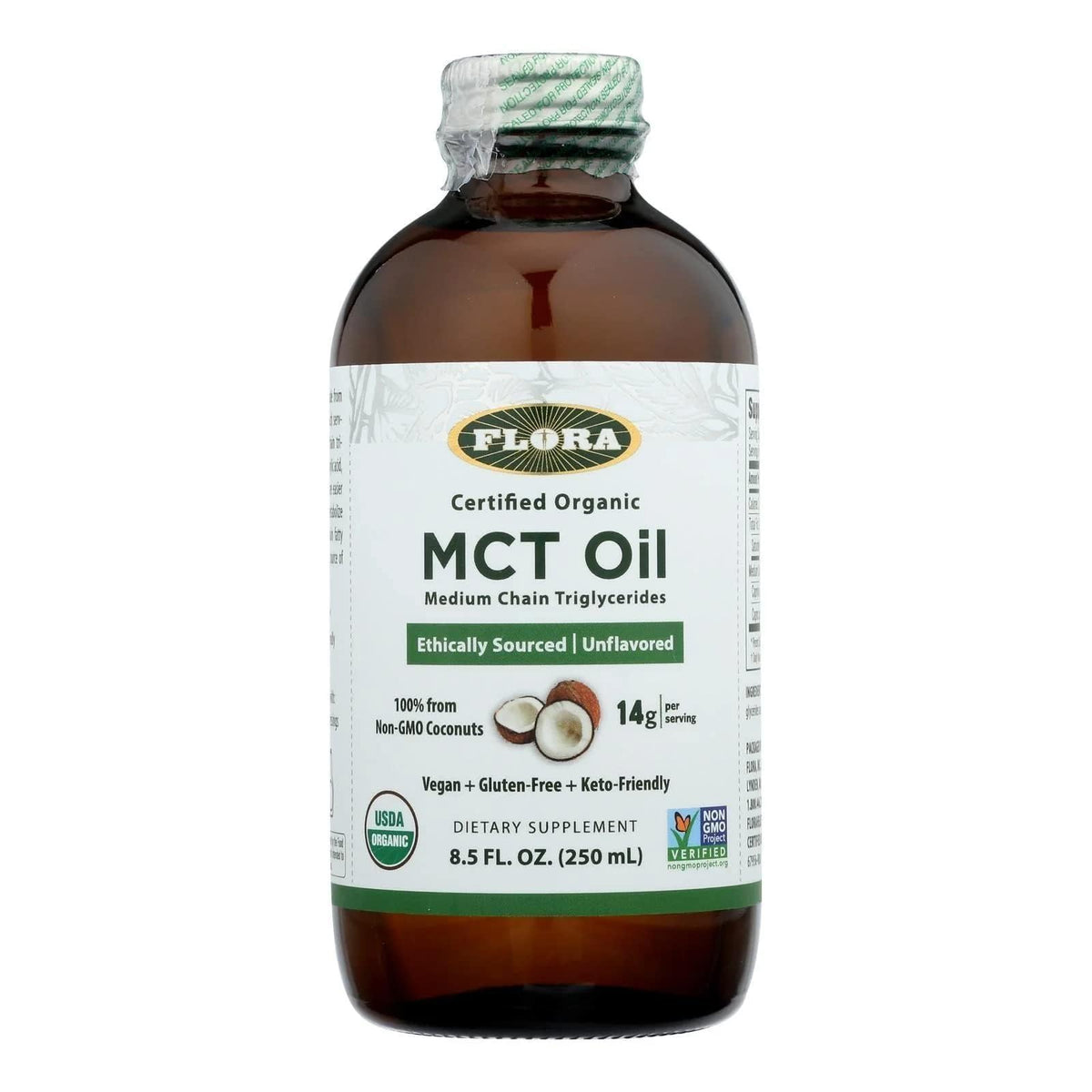 Front view of Flora MCT Oil certified organic 8.5 oz glass bottle