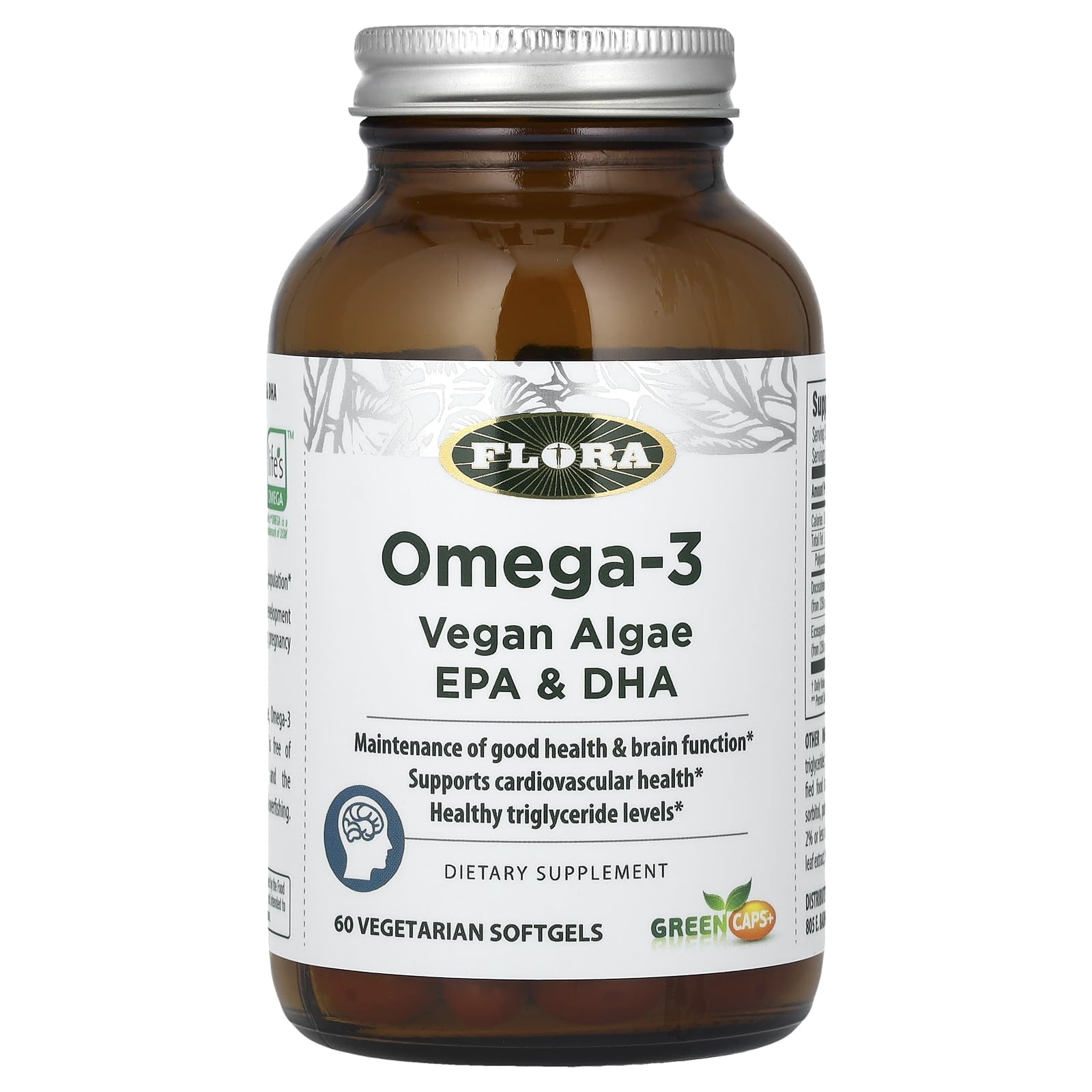 Flora Health Omega Brain+ vegan algae omega-3 bottle