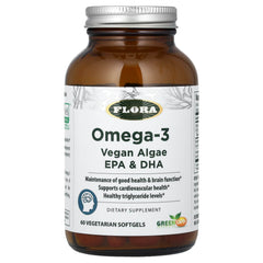 Flora Health Omega Brain+ vegan algae omega-3 bottle