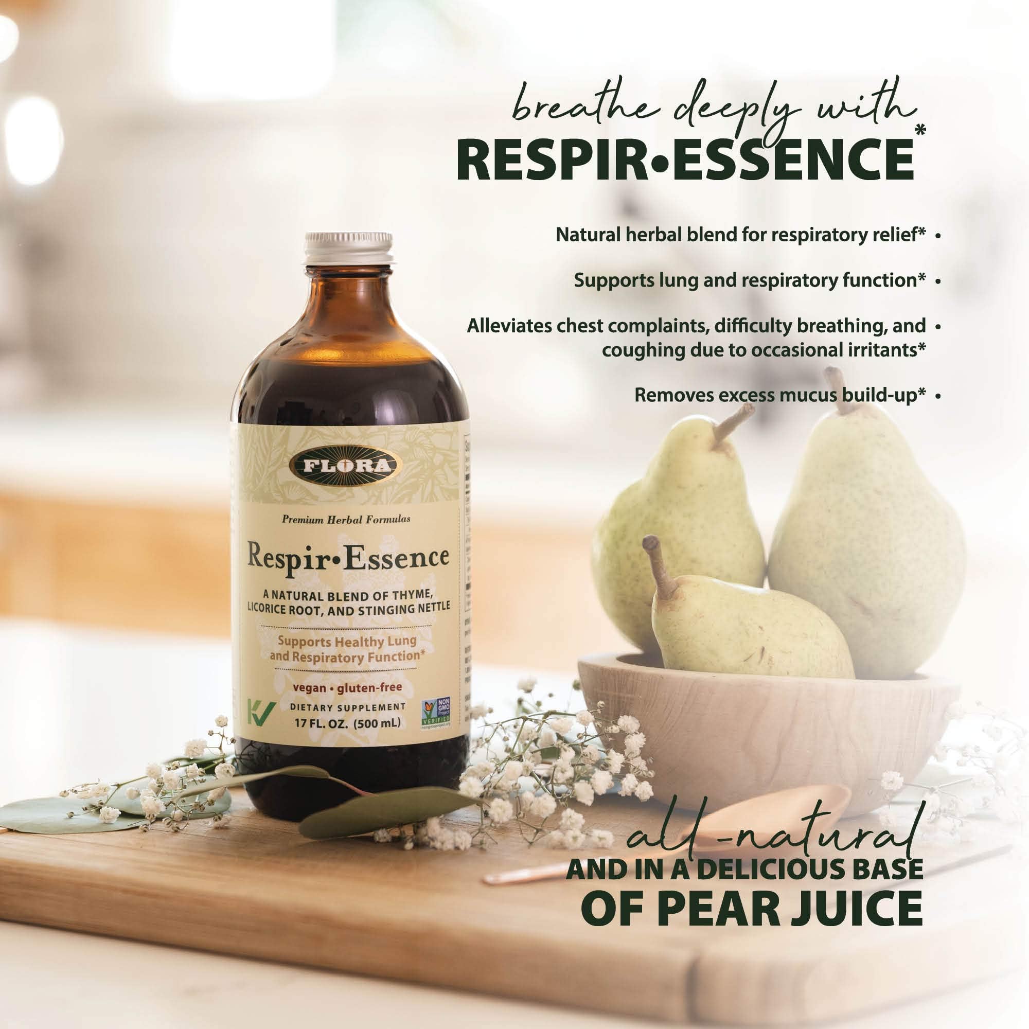 Vegan, non-GMO, gluten-free and kosher labeling on Respir-Essence