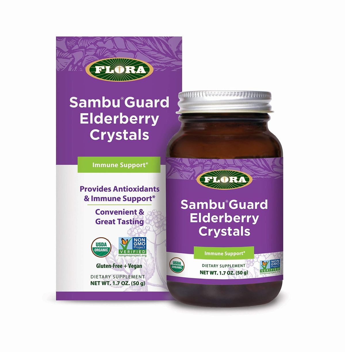 Flora SambuGuard Elderberry Crystals bottle and label