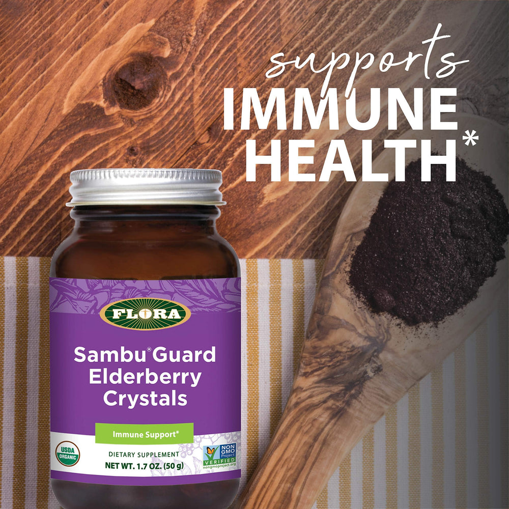 1.7 oz packaging of Flora SambuGuard Elderberry Crystals