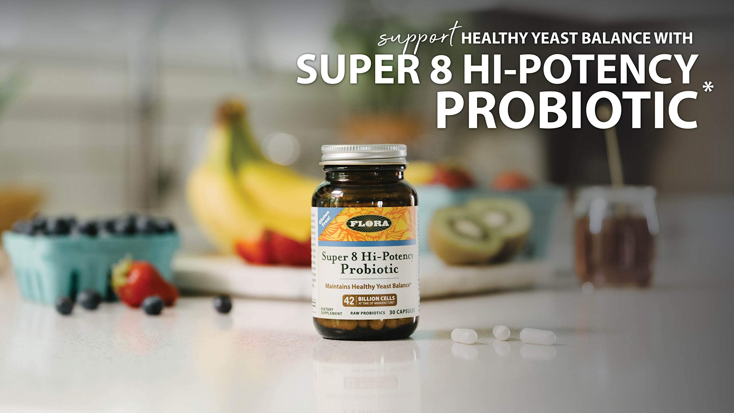 Travel-friendly Flora Super 8 probiotic bottle