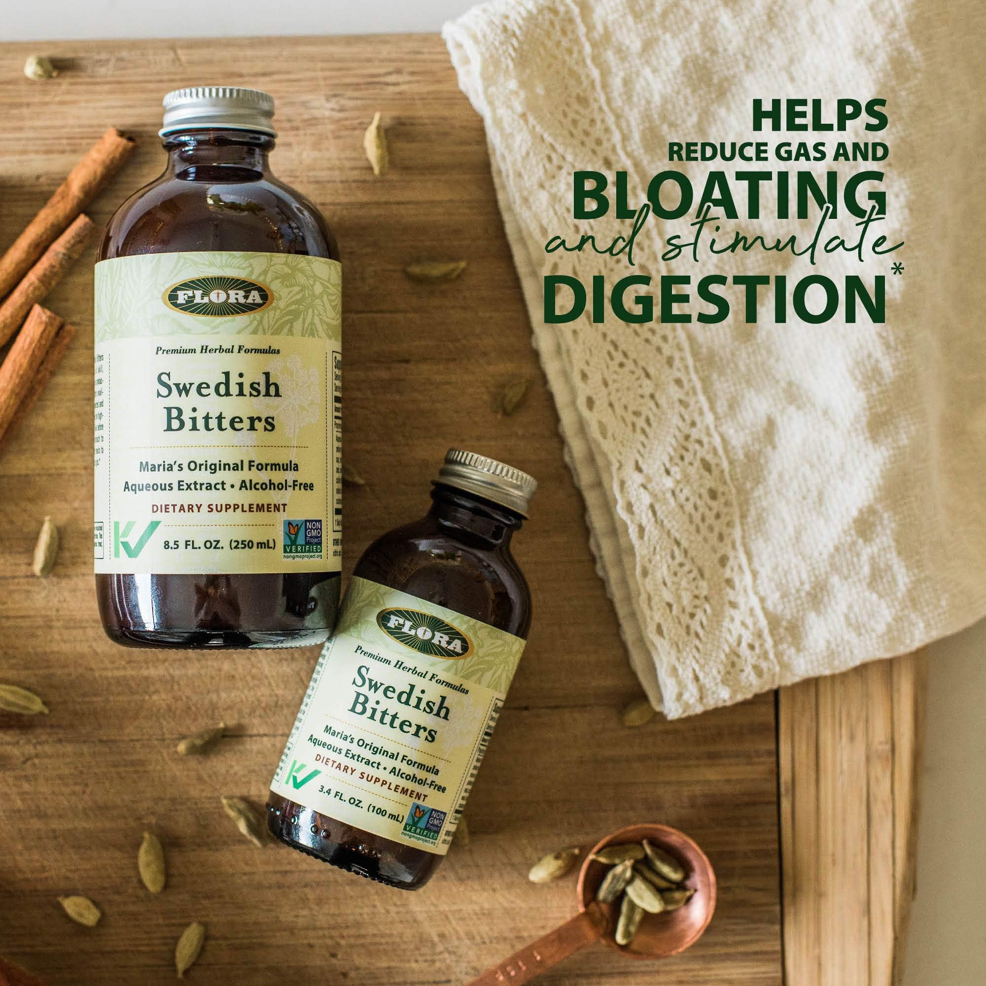 Shake before use: pouring teaspoon of Flora Swedish Bitters into a glass