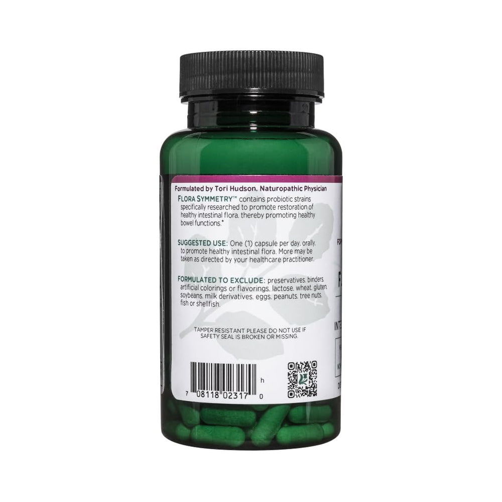 Close-up of Flora Symmetry supplement label