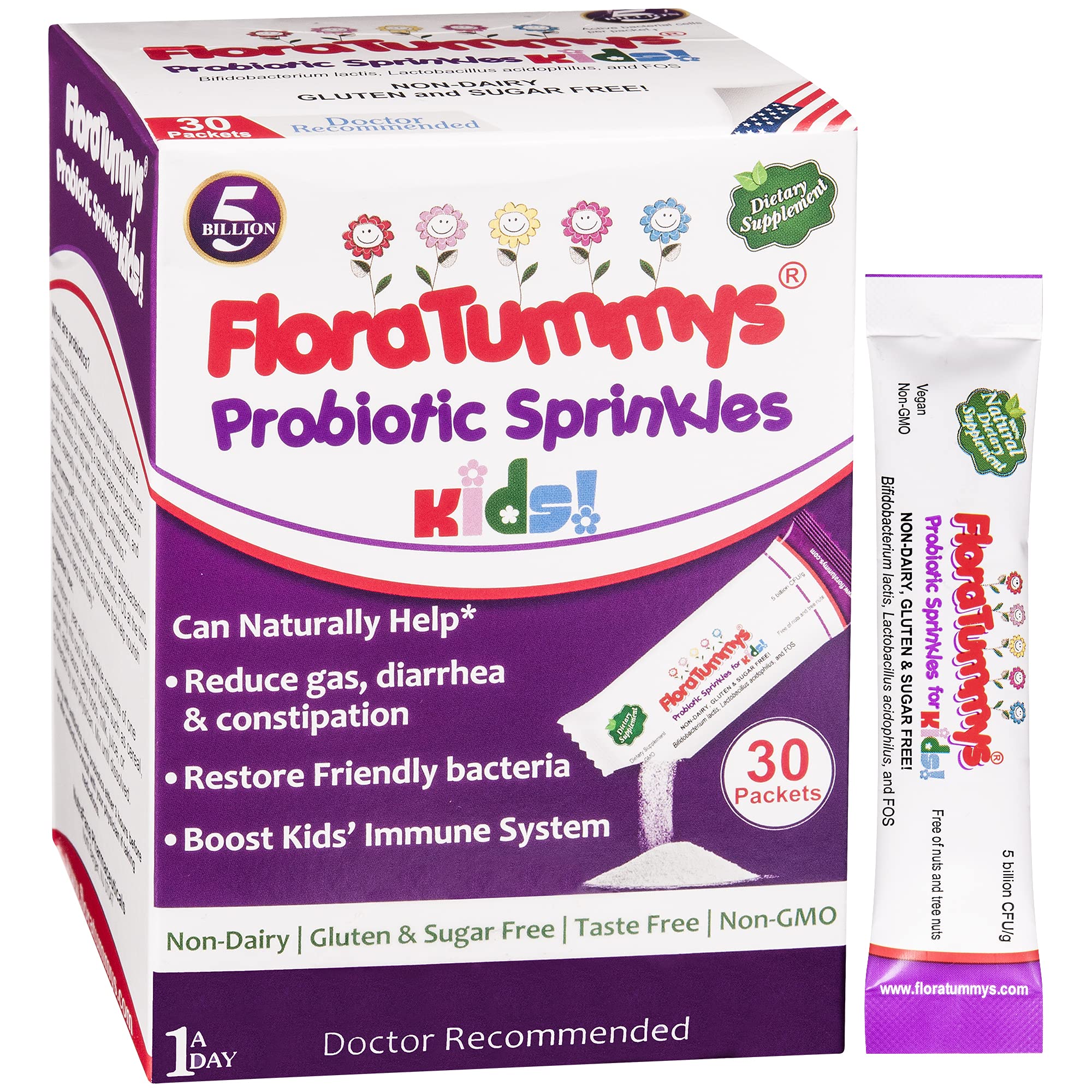 Front of FloraTummys Kids Probiotics 30 taste-free powder packets