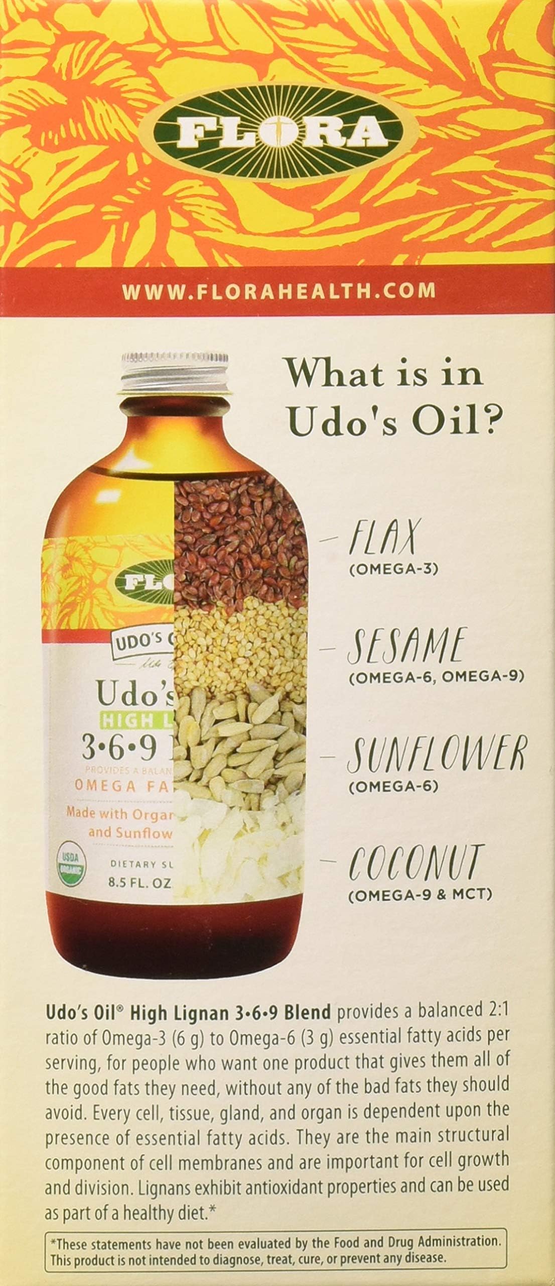 Front label of Flora Udo's Omega 3-6-9 Oil Blend