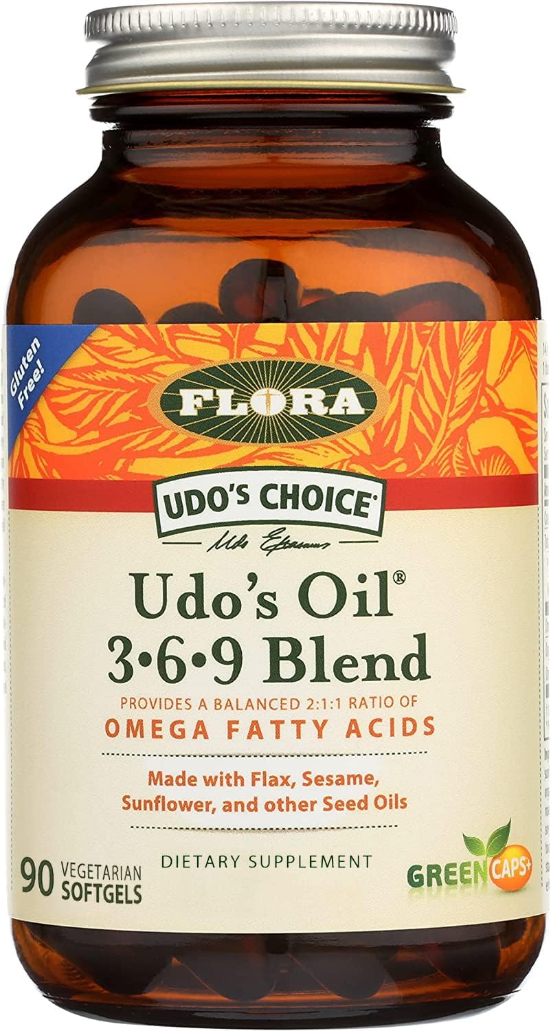 Front view of Flora Udo's Oil 3-6-9 Blend bottle with 90 vegetarian softgels