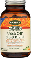 Front view of Flora Udo's Oil 3-6-9 Blend bottle with 90 vegetarian softgels