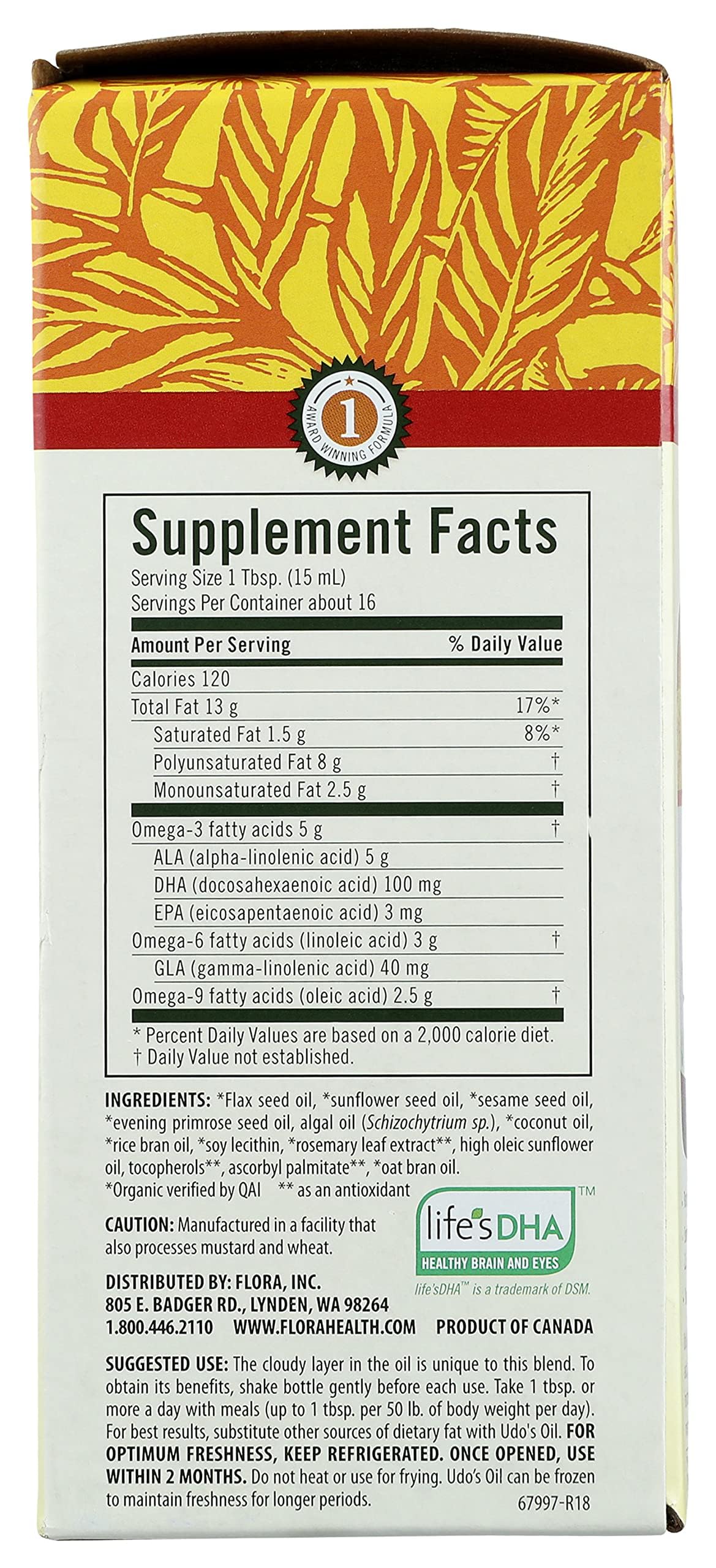 Front view of Flora Udo's Oil 17 oz bottle