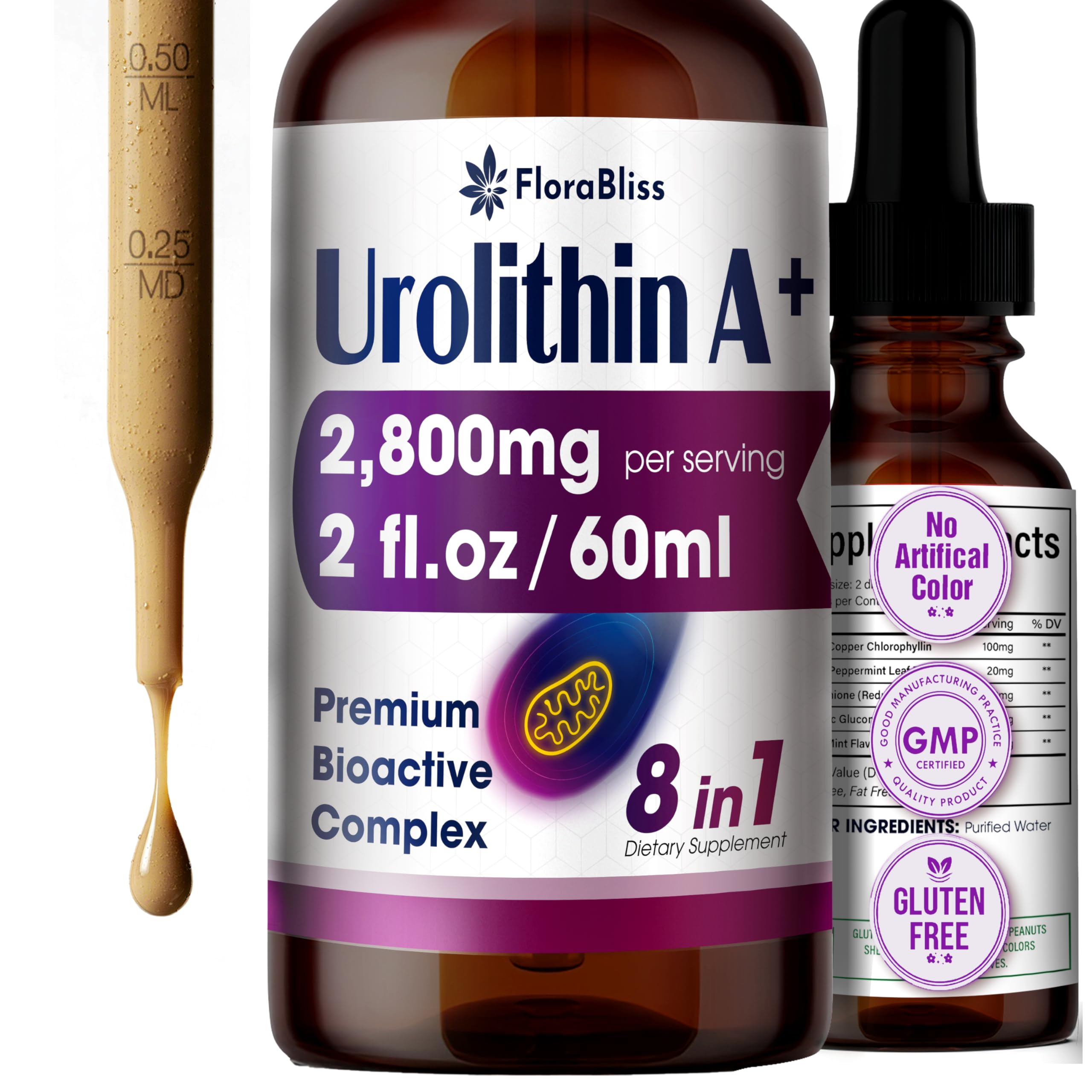 Front view of FloraBliss Urolithin A liquid drops bottle