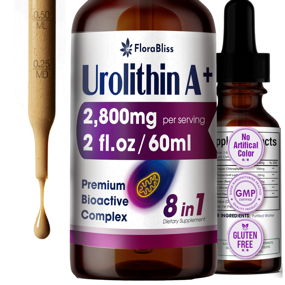Front view of FloraBliss Urolithin A liquid drops bottle