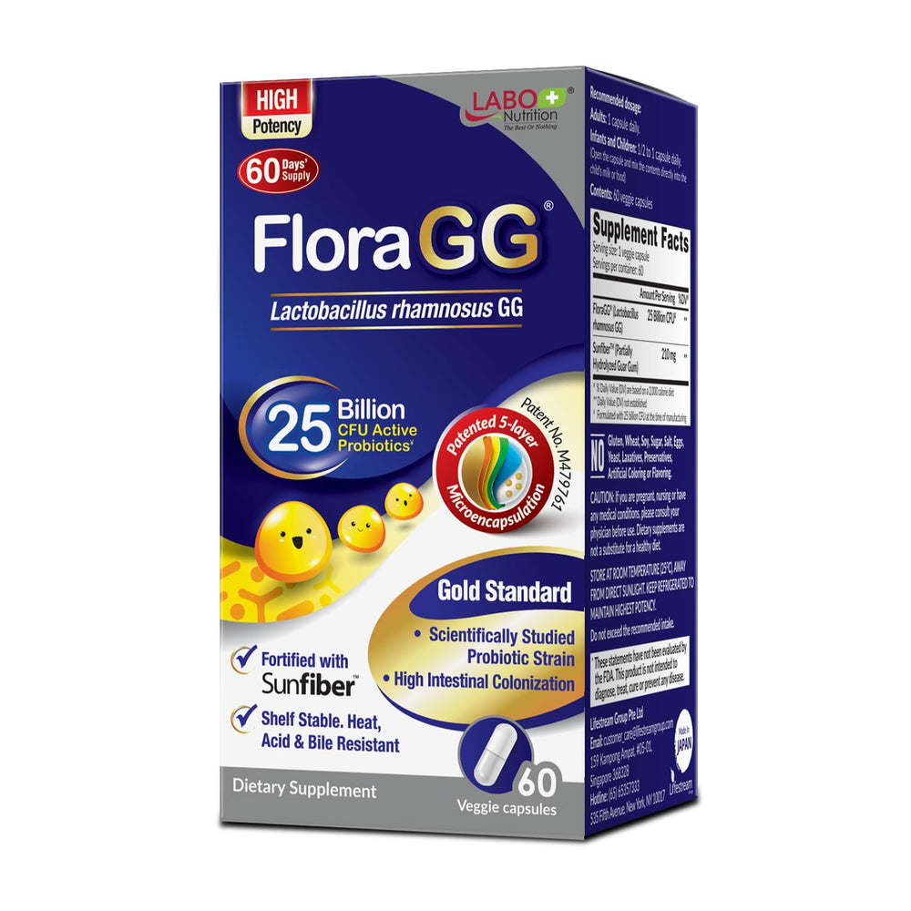 LABO Nutrition FloraGG bottle showing 25B CFU probiotic with label