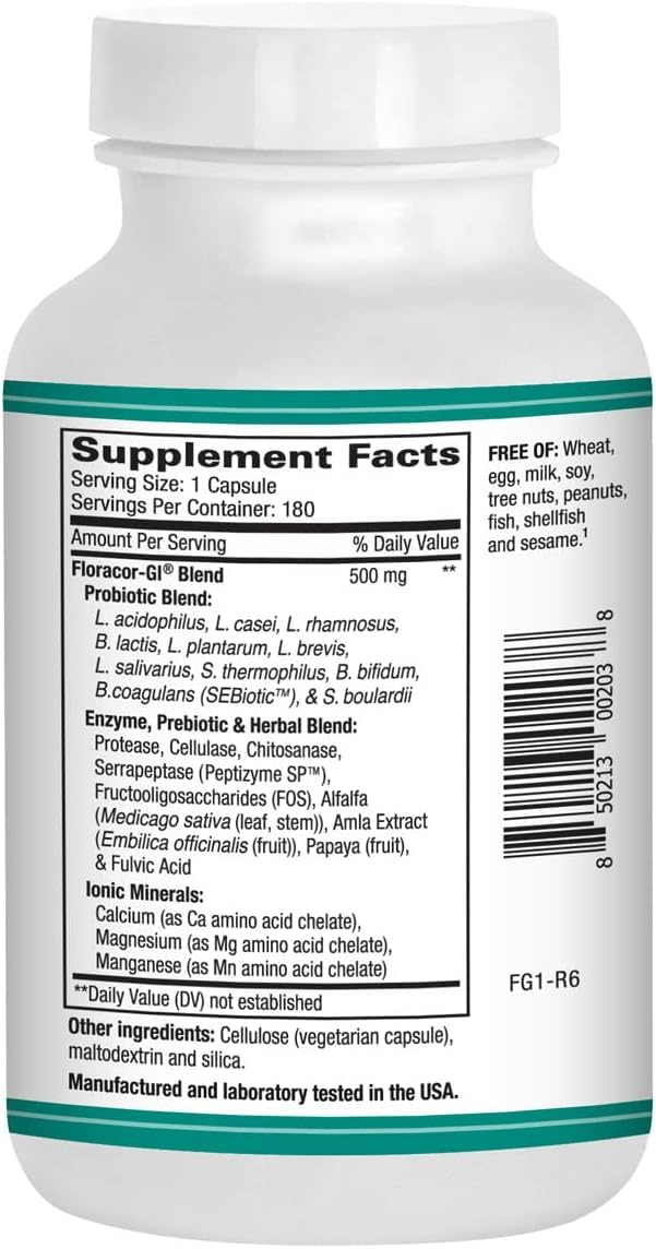 Floracor-GI Probiotic & Enzyme Support bottle and label