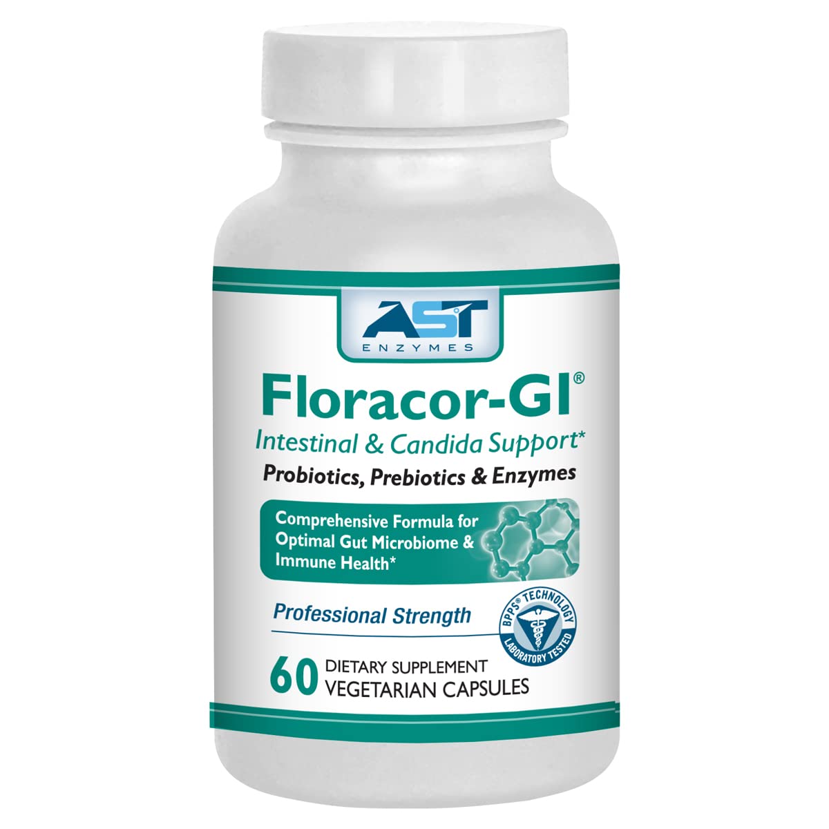 Floracor bottle and capsules on a clean background
