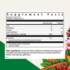 Close-up of Floradix Calcium Liquid label highlighting vegan and non-GMO claims