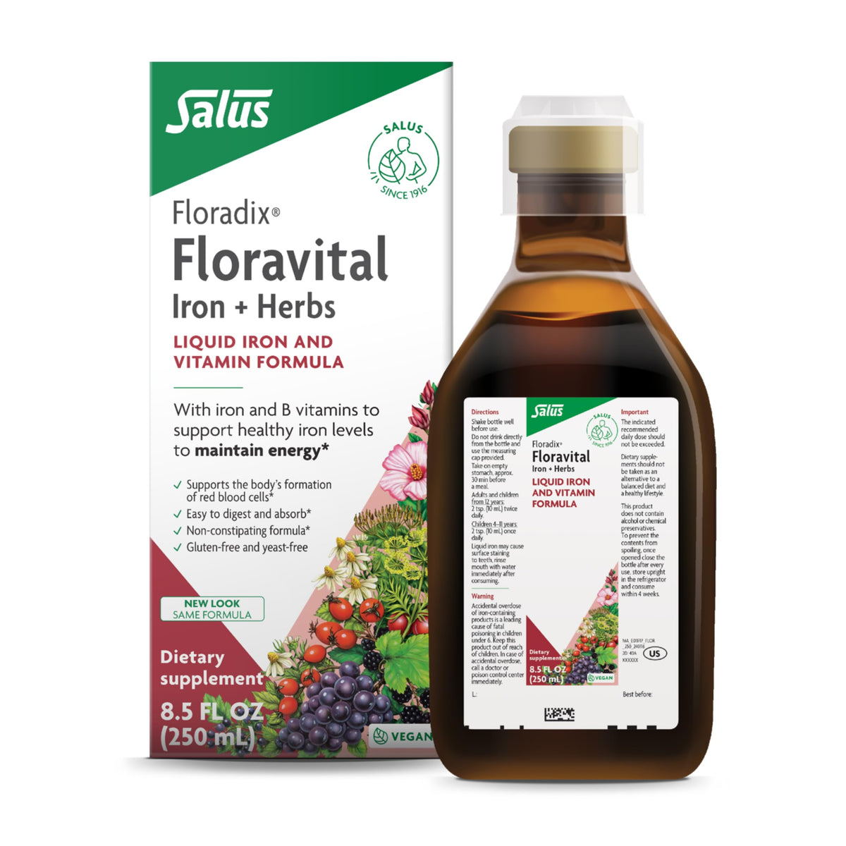 Front view of Floradix Floravital Liquid Iron bottle