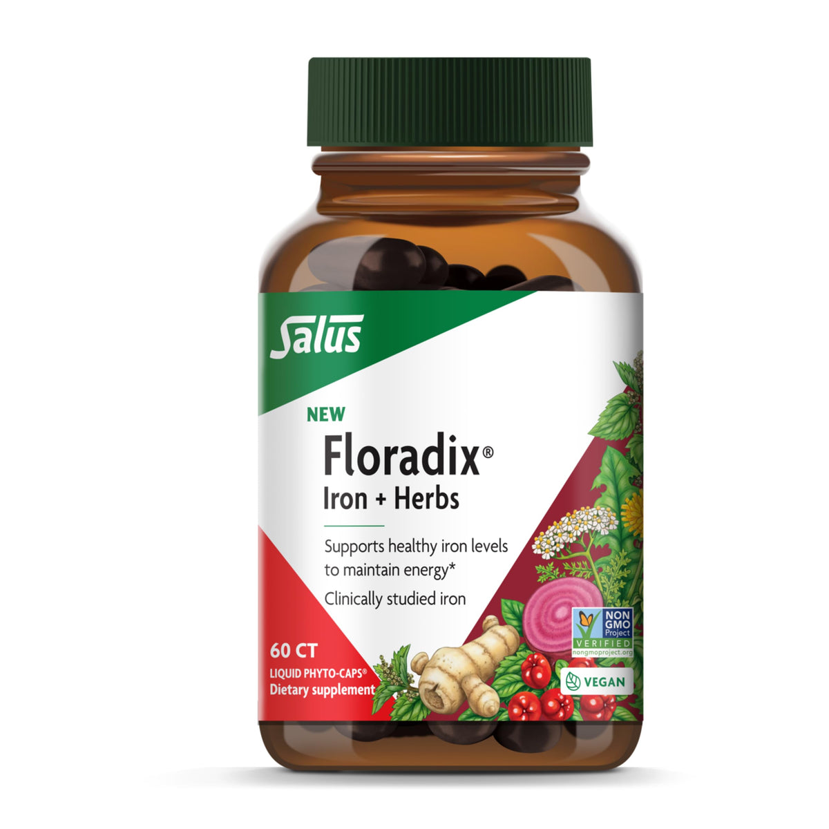 Floradix Iron + Herbs bottle and packaging on a white background