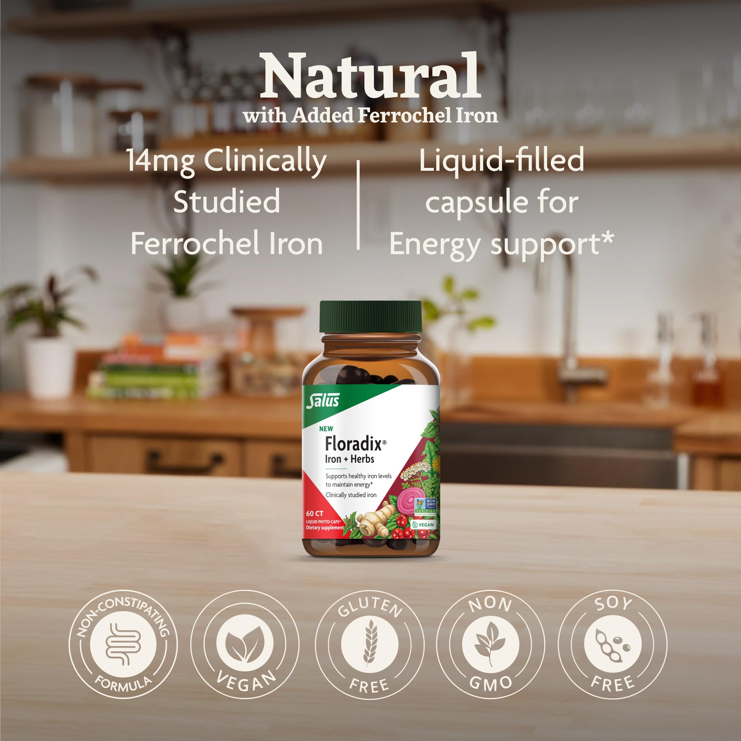 Ingredients panel and label of Floradix Iron + Herbs