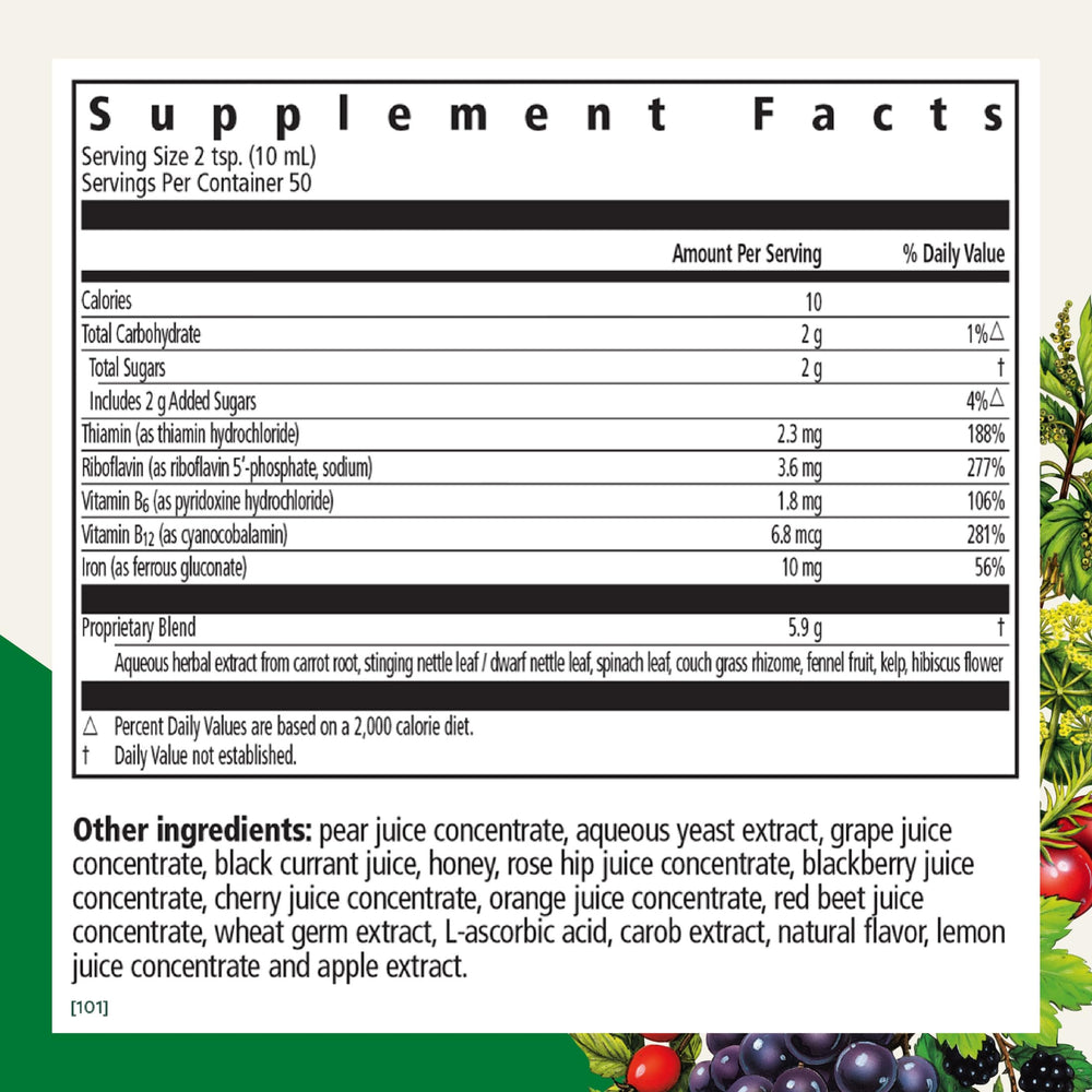 Floradix bottle label closeup highlighting vitamin C and B complex.