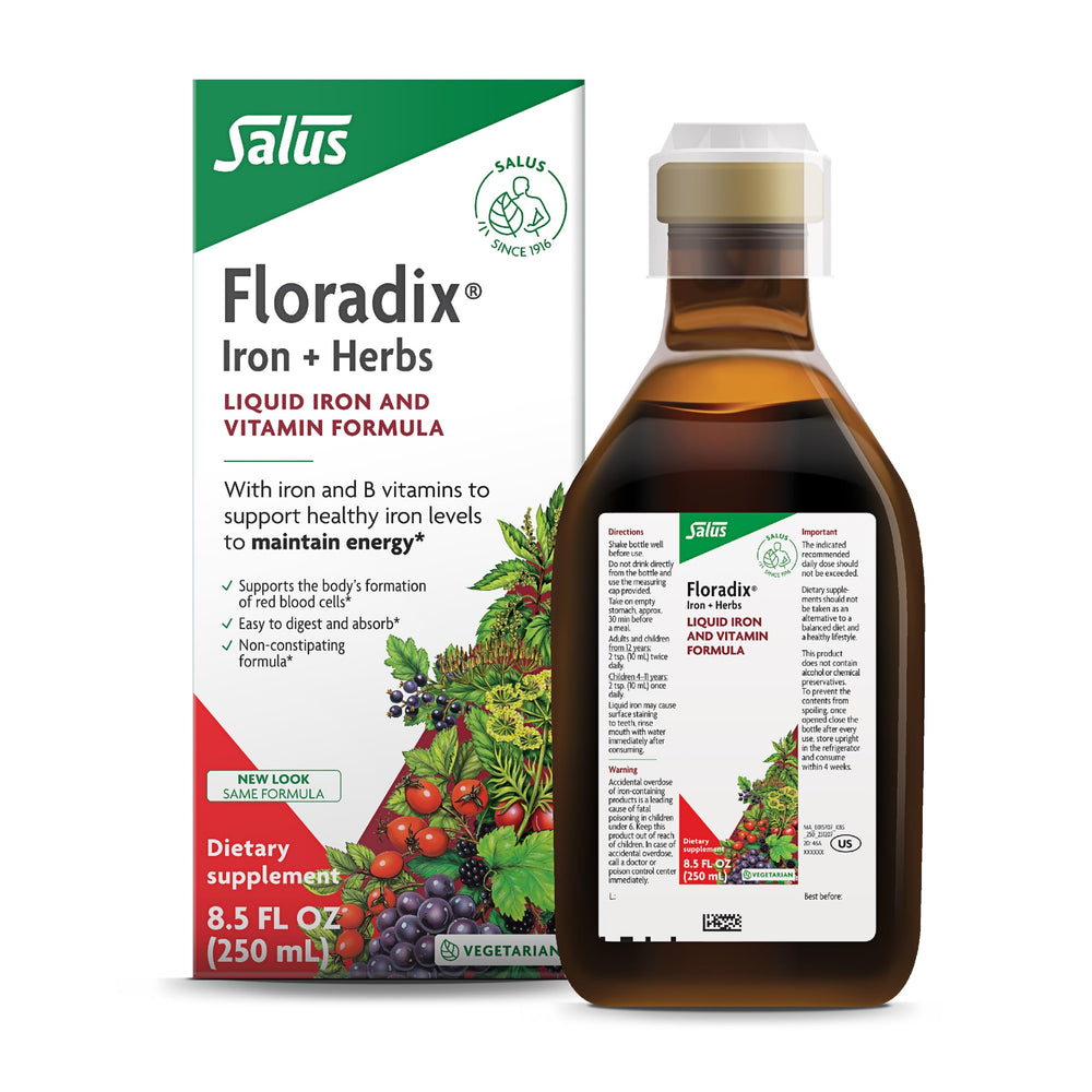 Floradix Iron & Herbs bottle and packaging, 8.5 fl oz