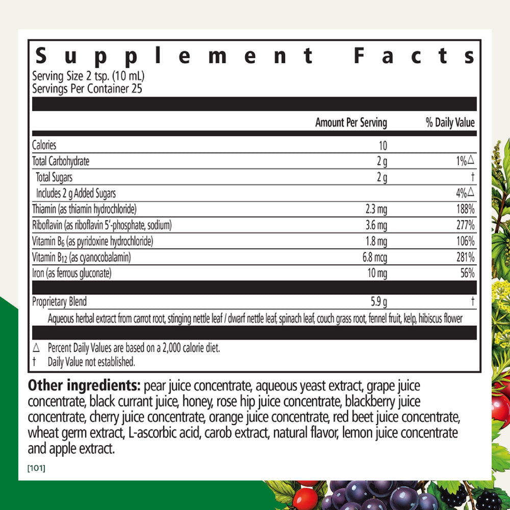 Close-up of Floradix label showing iron and vitamins