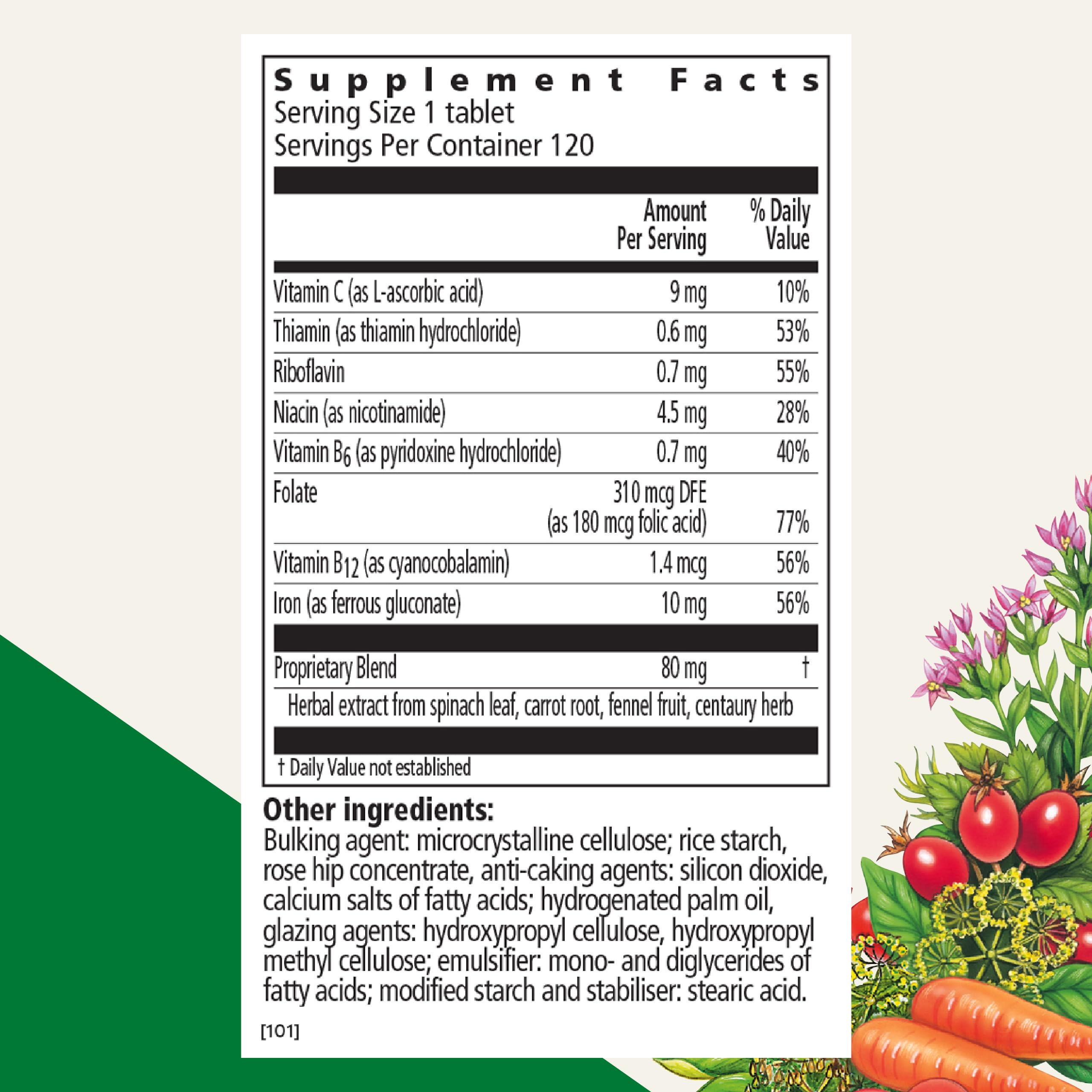 Close-up of tablet bottle showing 10 mg iron per serving
