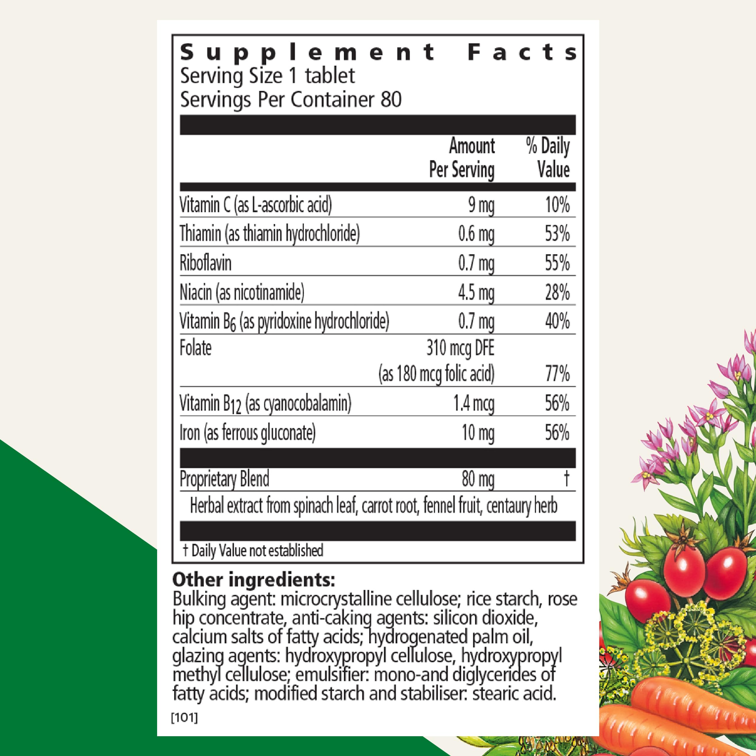 Close-up of iron per serving on the tablet (10 mg)