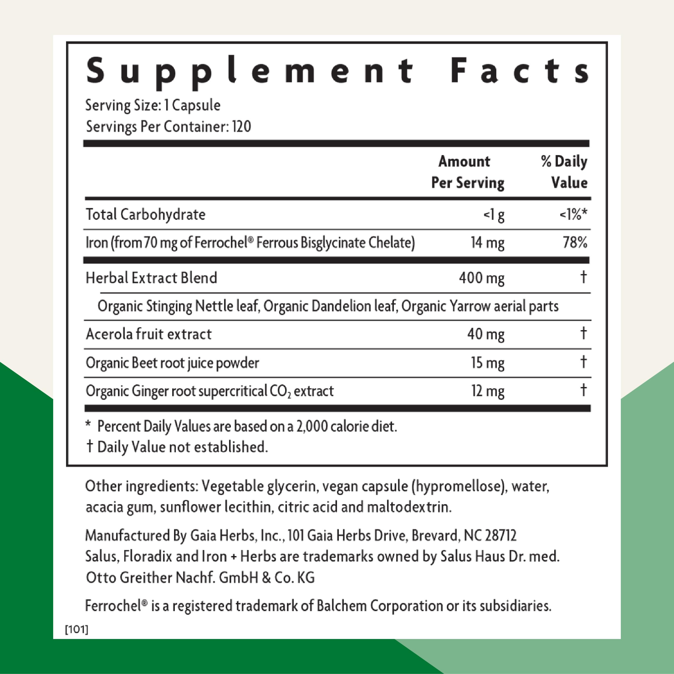 Close-up of Floradix Iron + Herbs label