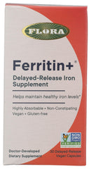 Amber glass bottle of Flora Ferritin+ Delayed-Release Iron Supplement