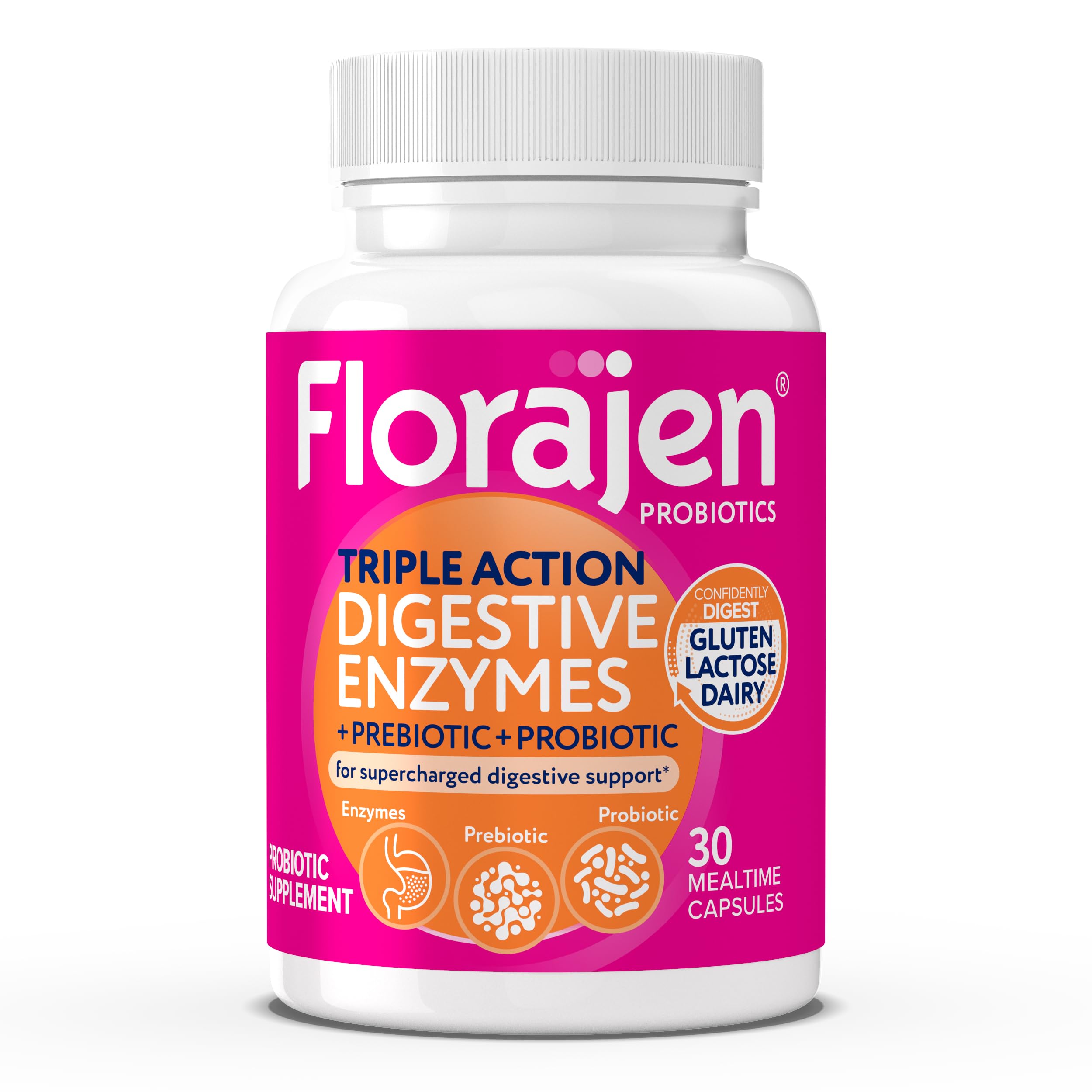 Florajen Digestive Enzymes bottle with probiotics and prebiotics