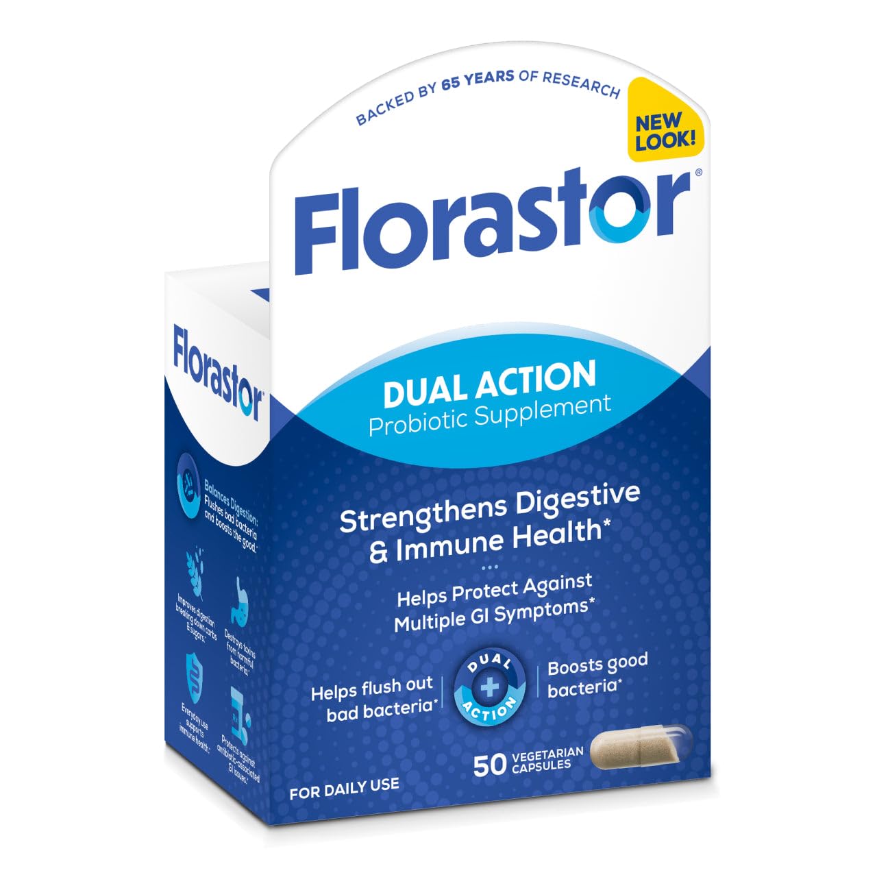 Florastor Dual Action Probiotic Supplement bottle with capsules