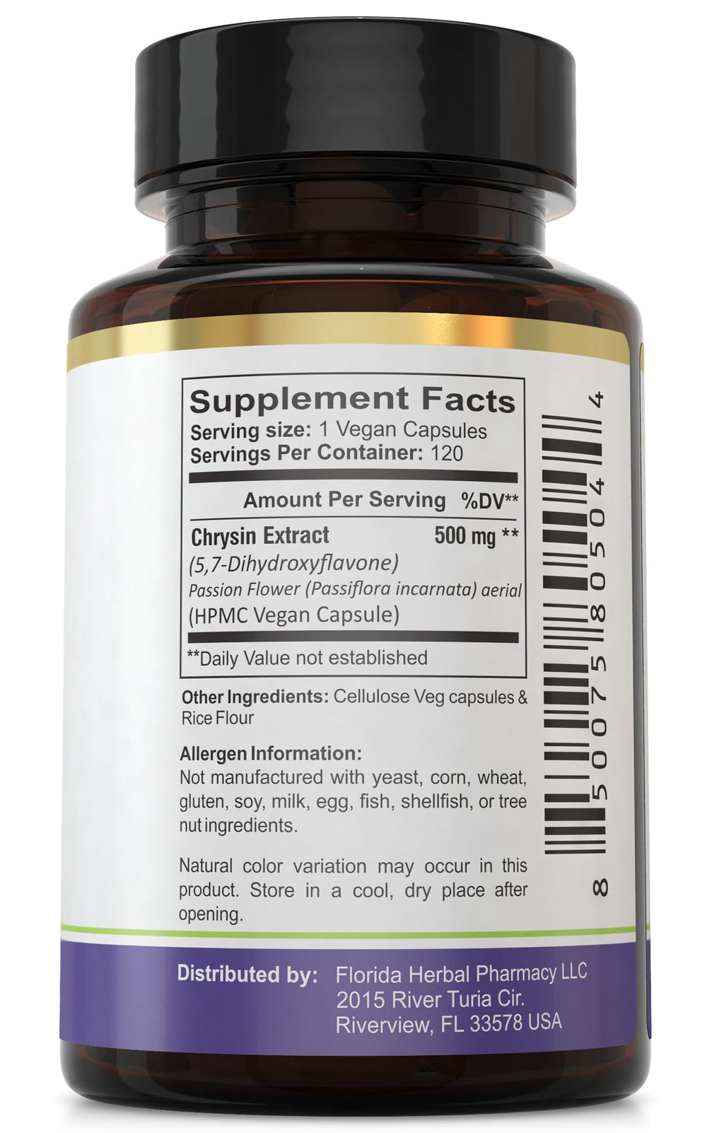 Bottle of Florida Herbal Pharmacy Chrysin 5,7-Dihydroxyflavone 500 mg