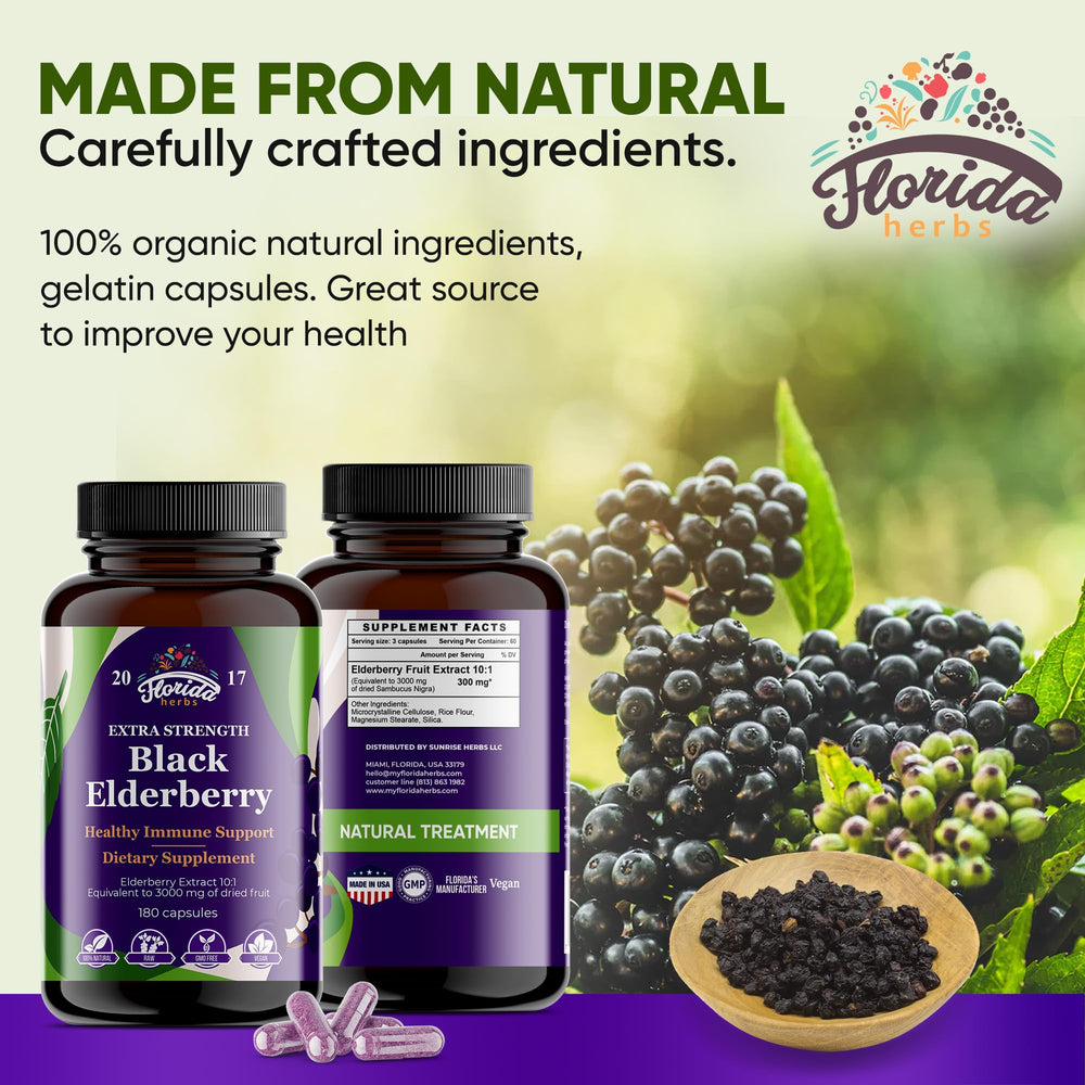 Close-up of Florida Herbs Black Elderberry Capsules bottle label