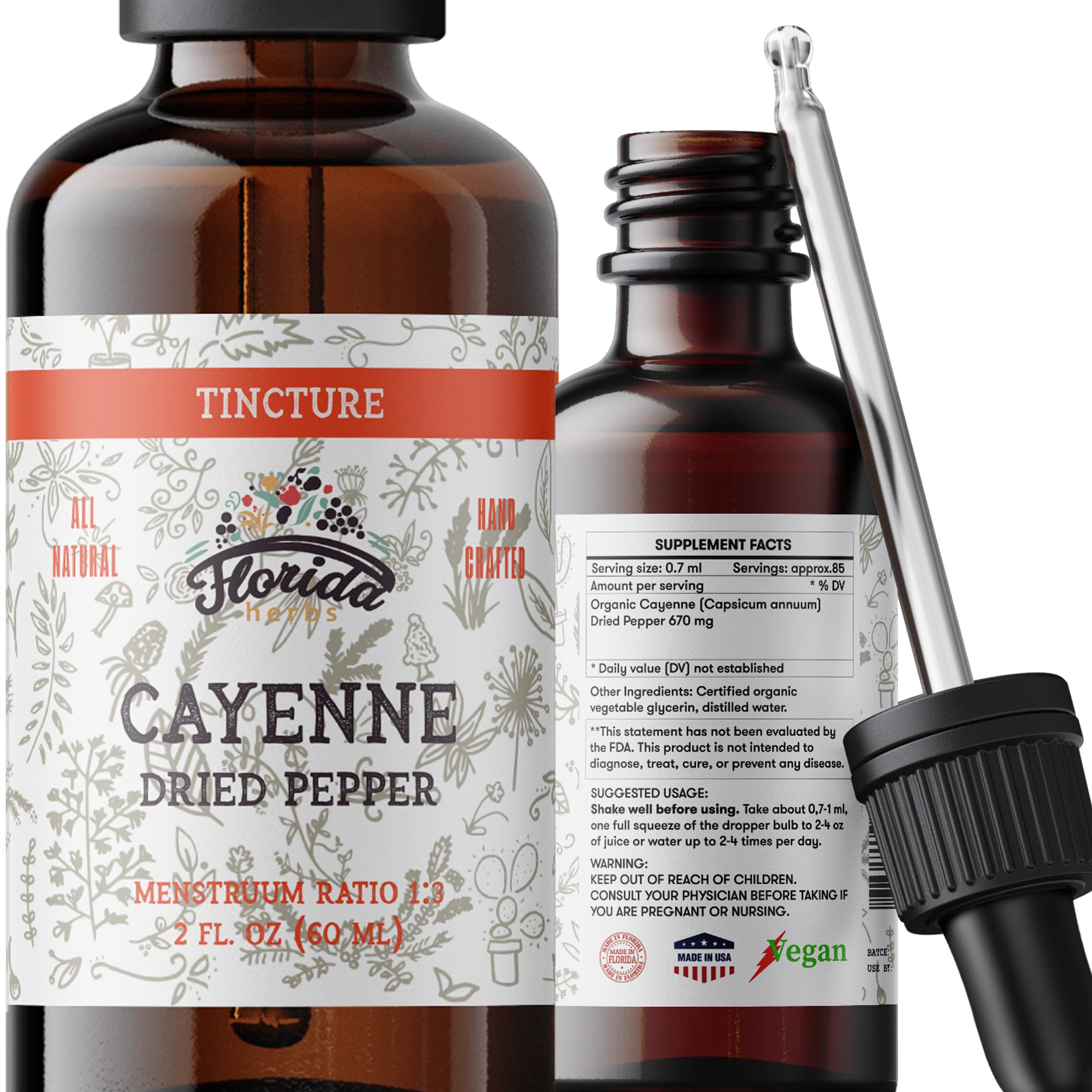 Florida Herbs Cayenne Tincture Extract bottle with Organic Cayenne in Vegetable Glycerin