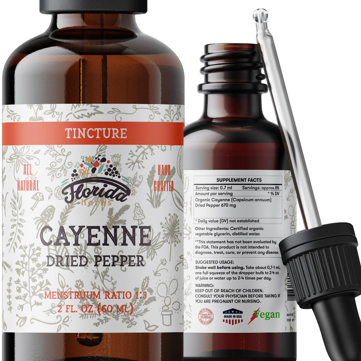 Florida Herbs Cayenne Tincture Extract bottle with Organic Cayenne in Vegetable Glycerin