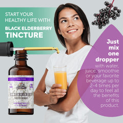 Florida Herbs Black Elderberry tincture bottle on a wooden stand