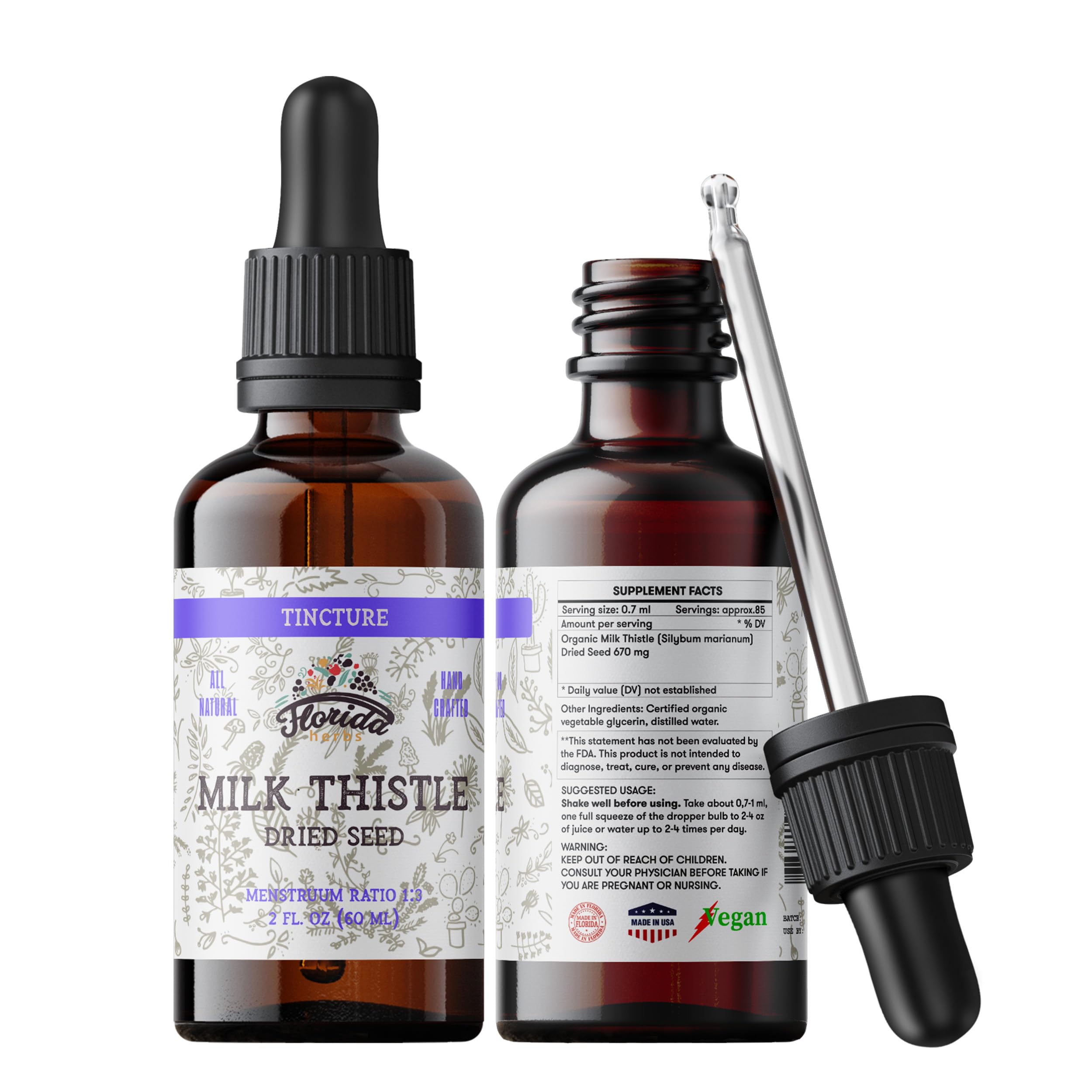 Florida Herbs Milk Thistle Fully Labeled Bottle for easy dosing planning