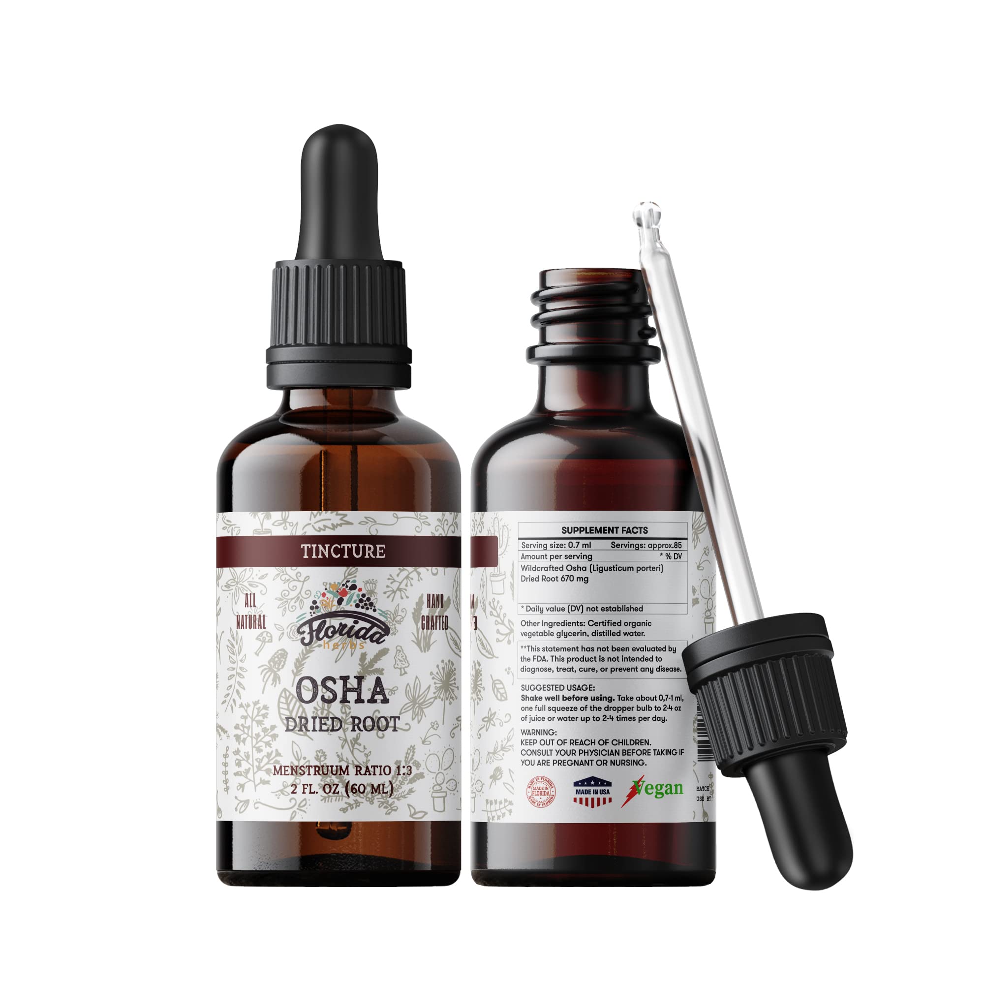 Florida Herbs OSHA Root tincture bottle—organic respiratory support for daily wellness.