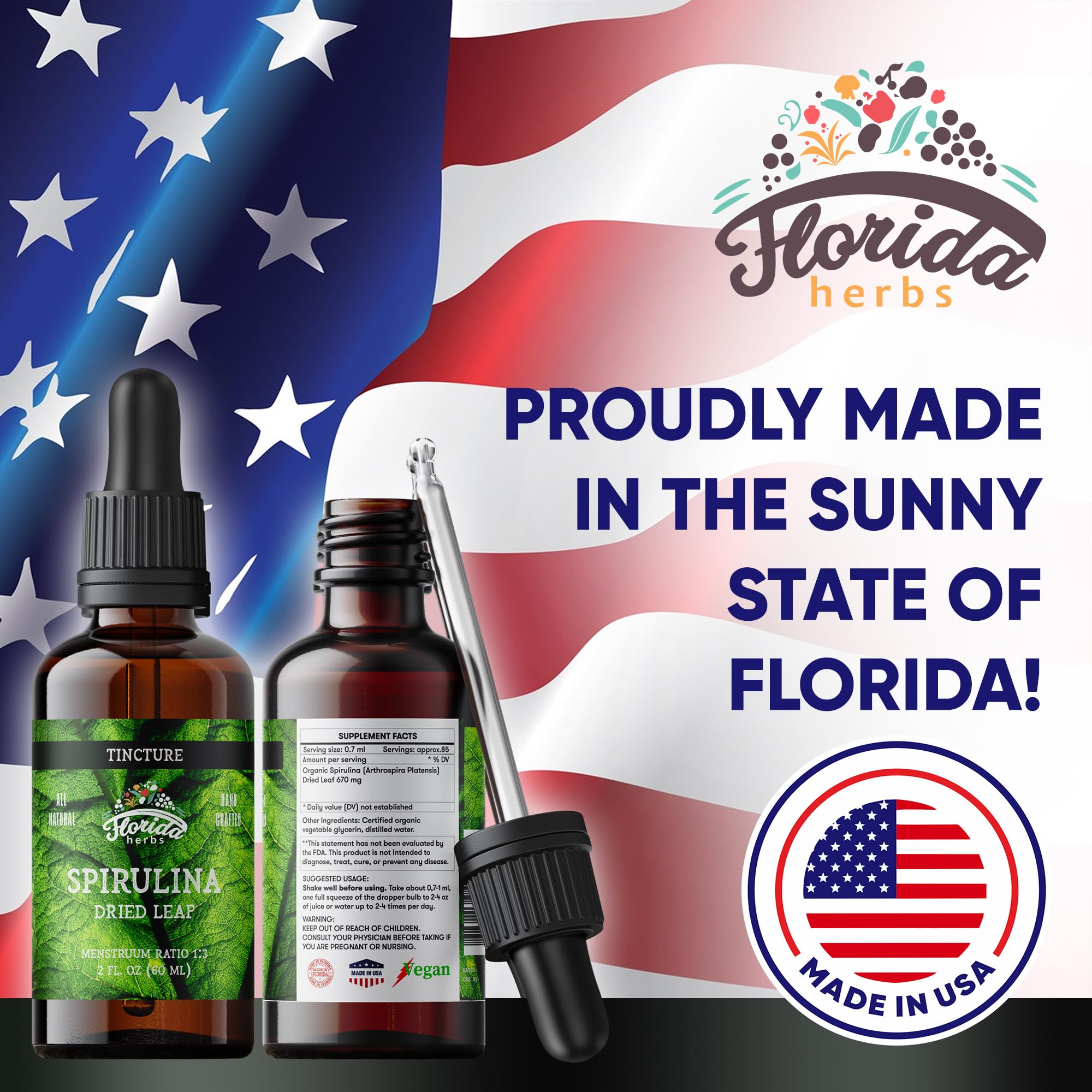 Side view of Florida Herbs Spirulina Tincture bottle under light