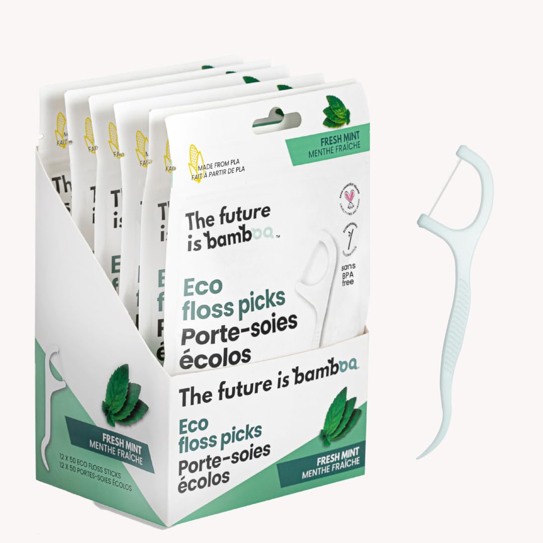 Six-pack of eco-friendly plant-based bamboo floss picks in packaging