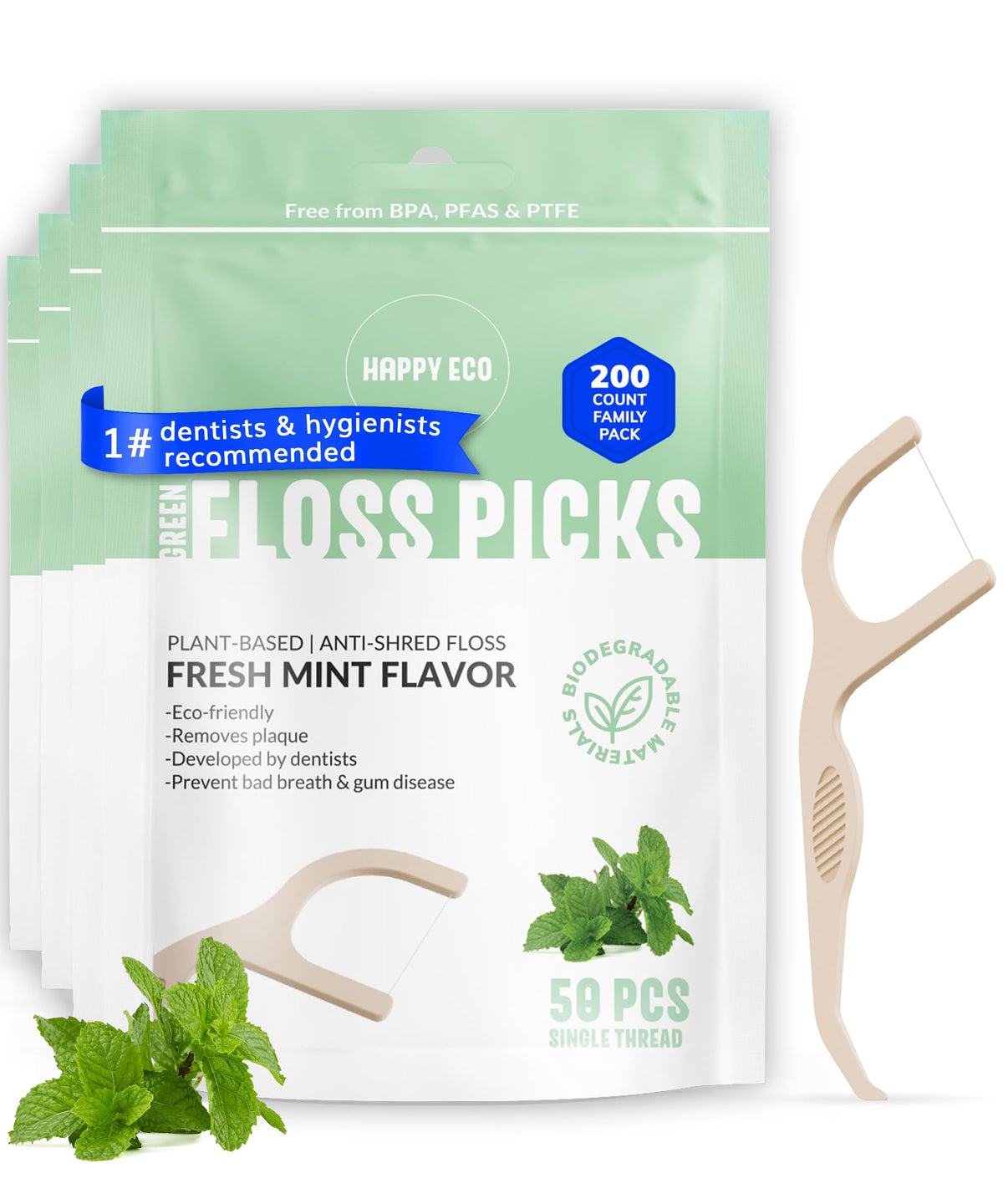 Floss Picks Biodegradable 200pcs - Mint - Single Thread