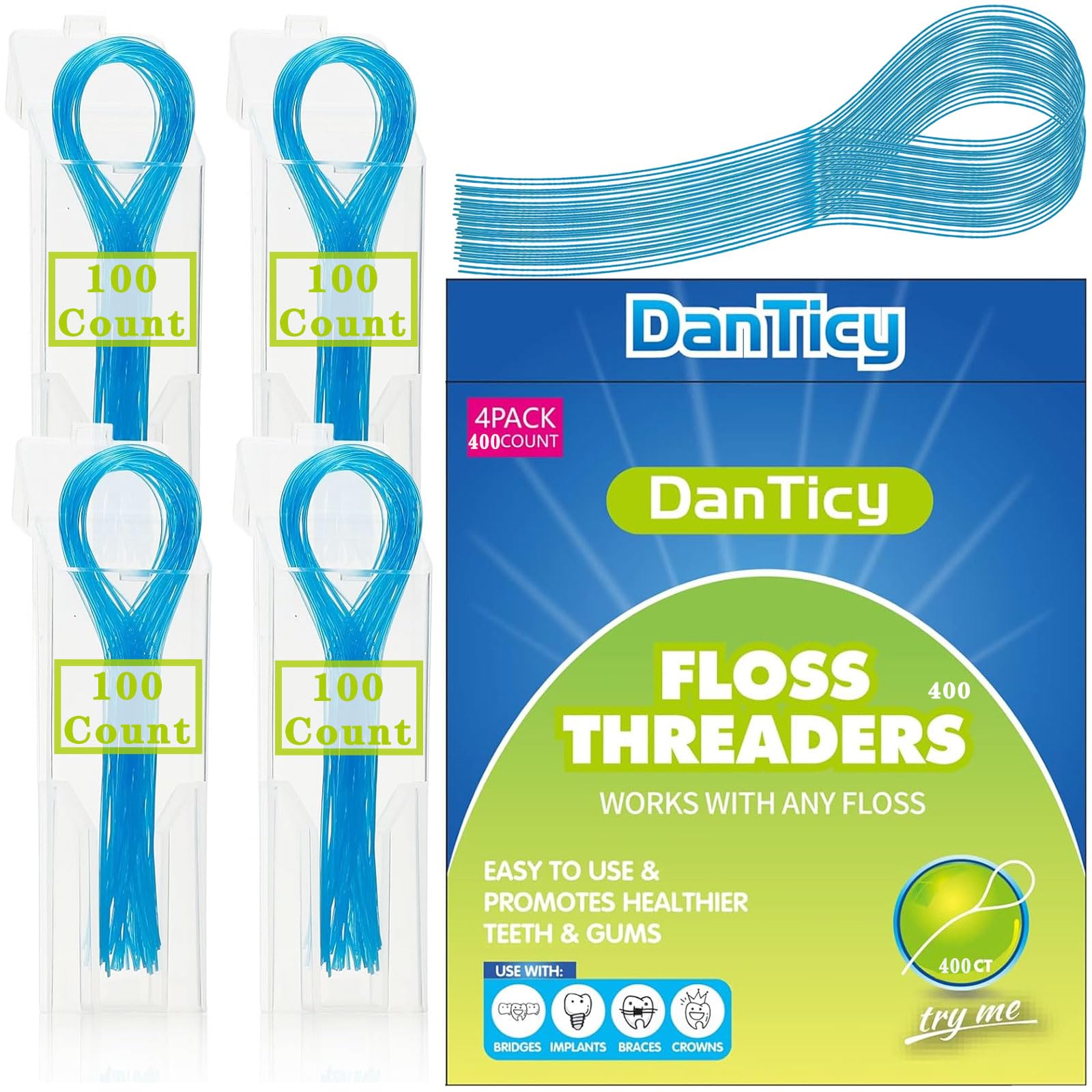 Floss threaders in four 100-count packs for braces and bridges