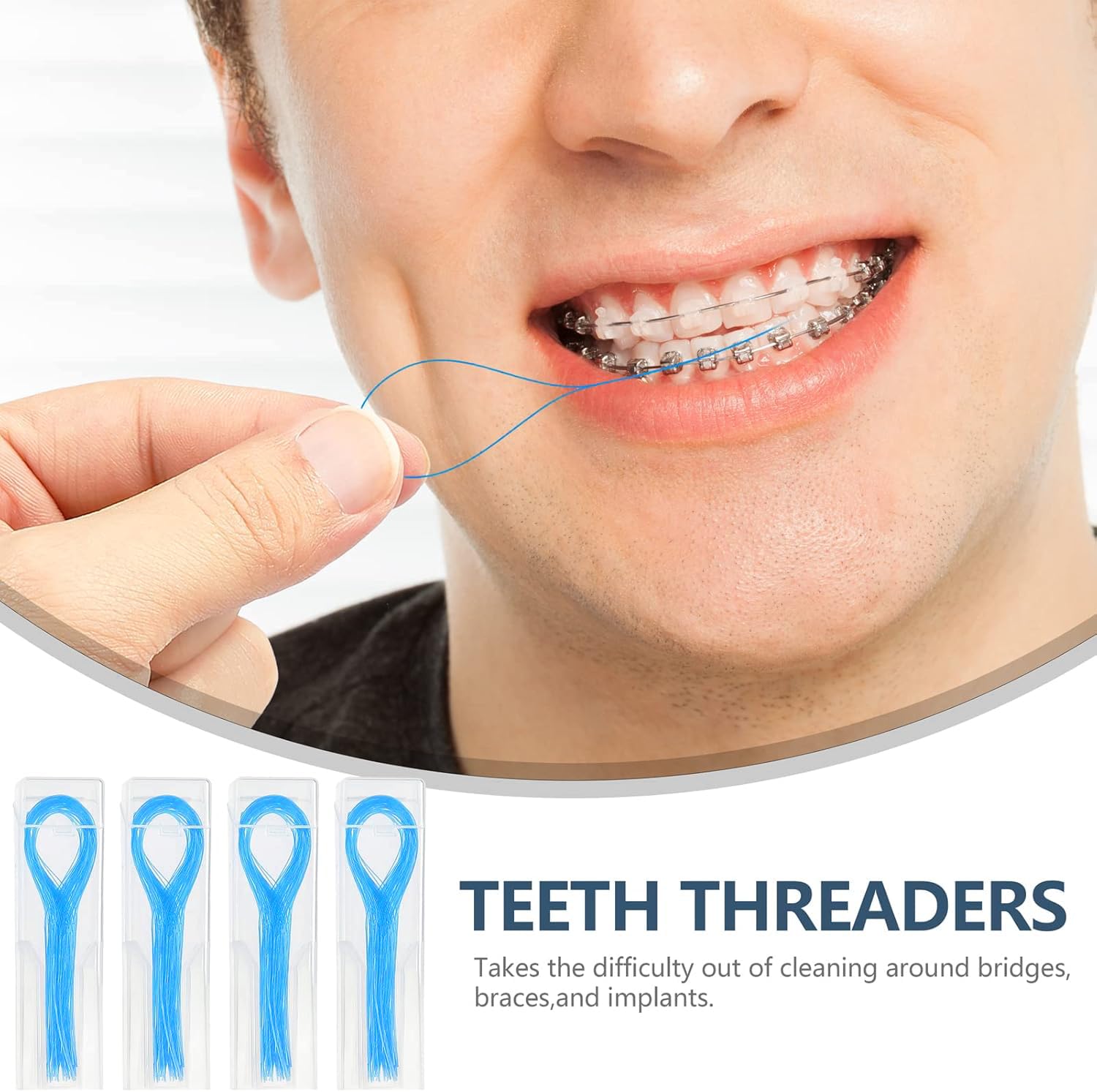 Packaging showing four packs of 100 floss threaders