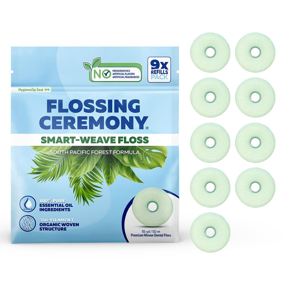 Flossing Ceremony Smart-Weave Dental Floss packaging (55 Yards × 9 Refills)