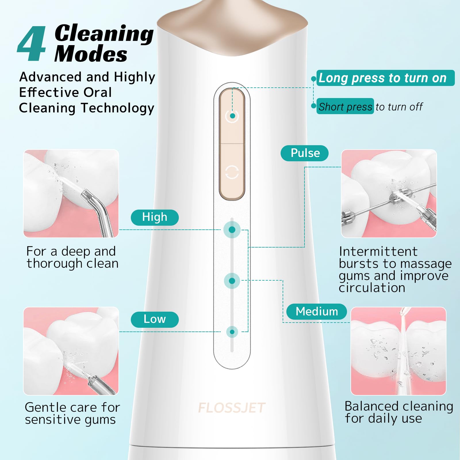 FlossJet display showing 4 cleaning modes