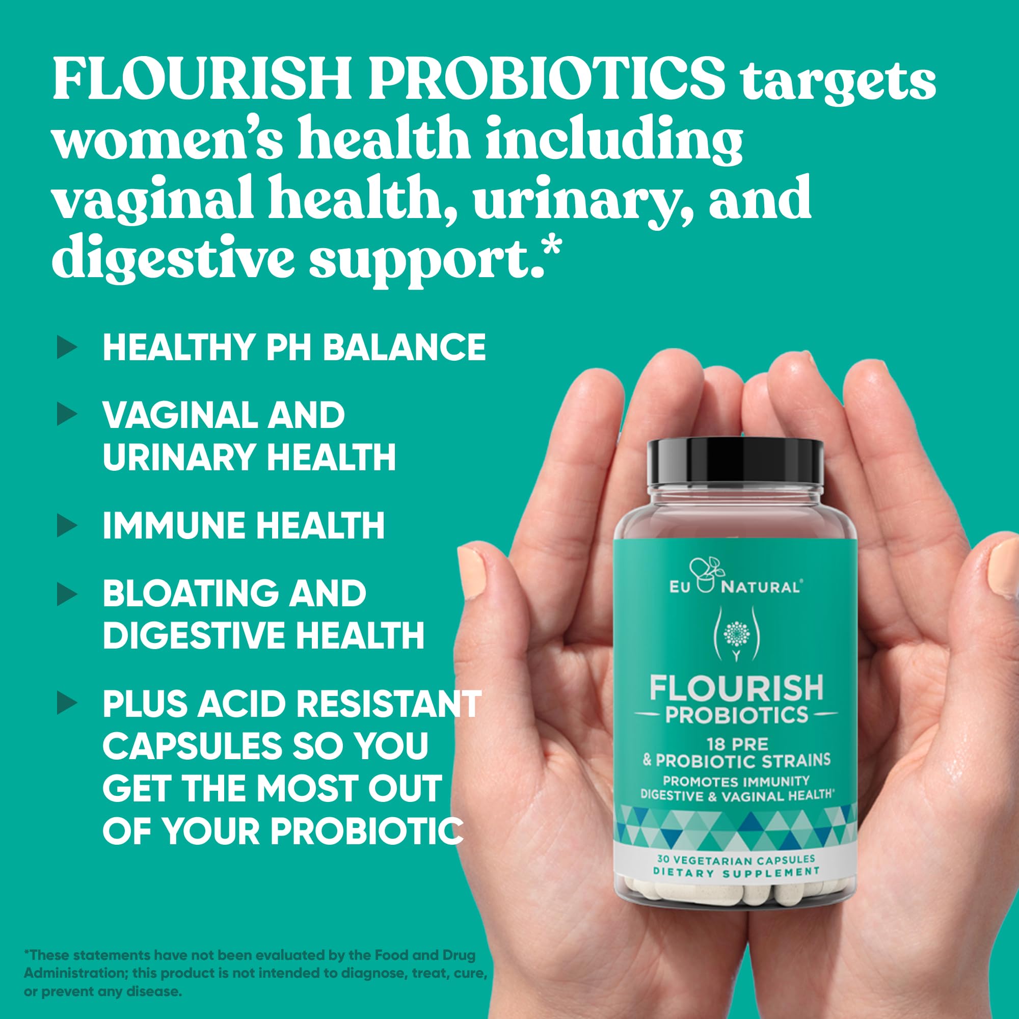 Close-up of Flourish Probiotics label showing 18 strains
