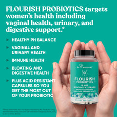 Close-up of Flourish Probiotics label showing 18 strains