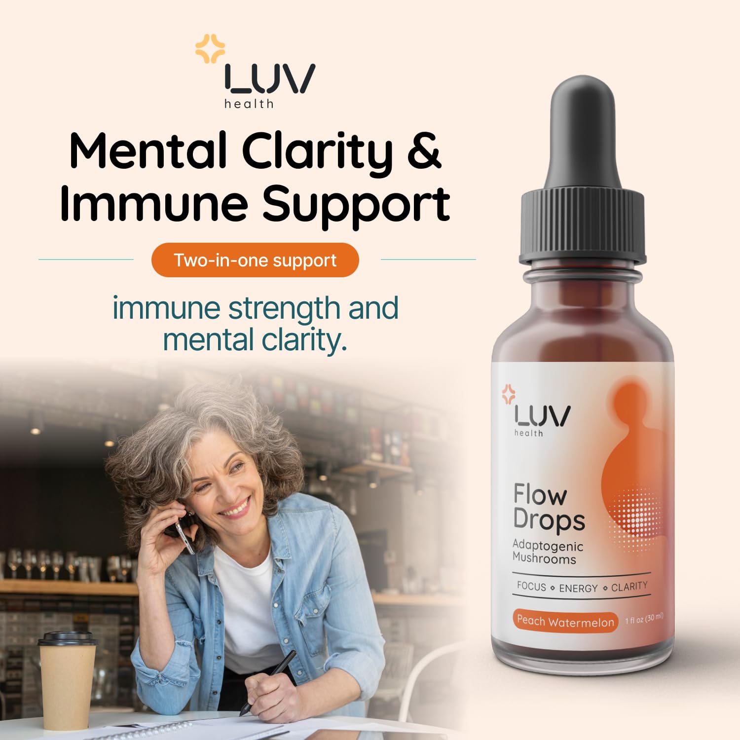 Flow Drops bottle highlighting immune support and mental clarity benefits