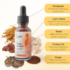 Mushroom blend including Lion's Mane, Cordyceps, and Reishi for Flow Drops